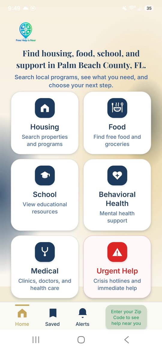 AidNearby home screen showing Housing, Food, School, Behavioral Health, Medical, and Urgent Help categories