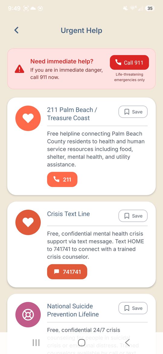 Urgent Help screen with crisis hotlines in AidNearby